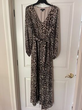 INC International Concepts Taupe and Black Leopard Print V-Neck Maxi Dress